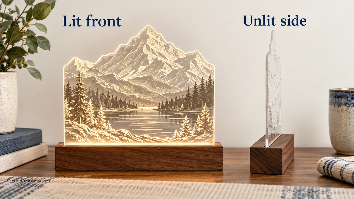 The glowing front effect and flat physical construction should both be shown