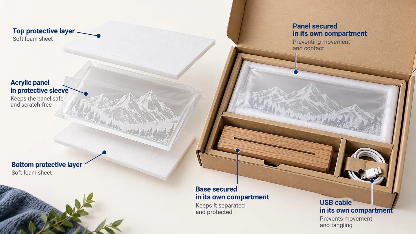 The panel and base must be protected from contact and movement in the parcel
