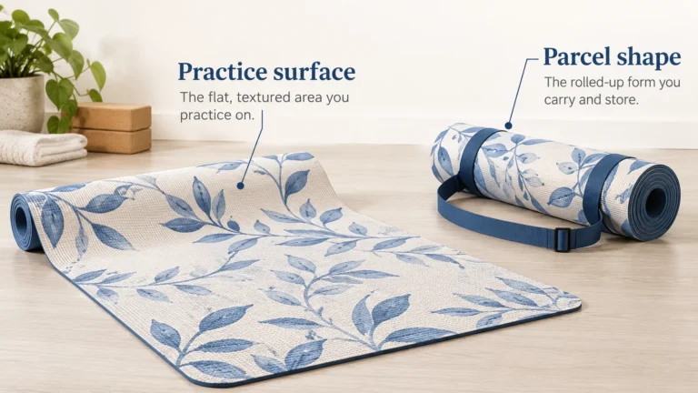A mat has a practice surface and a parcel shape