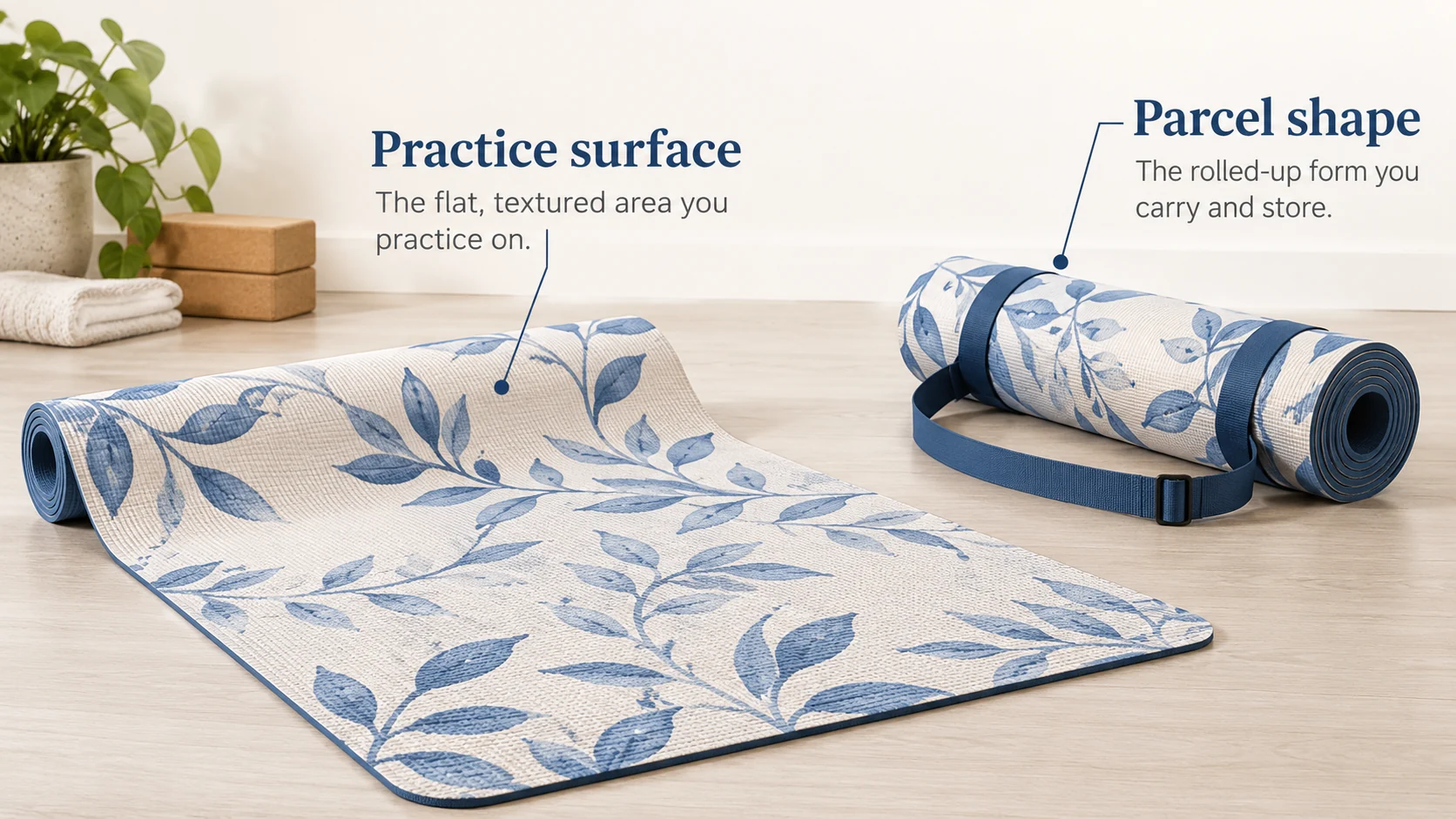 A mat has a practice surface and a parcel shape