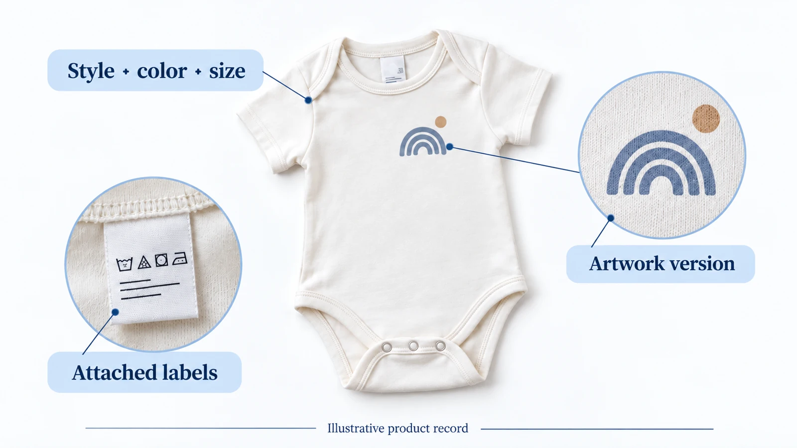 Illustrative bodysuit record linking style, color, size, artwork version and attached labels.