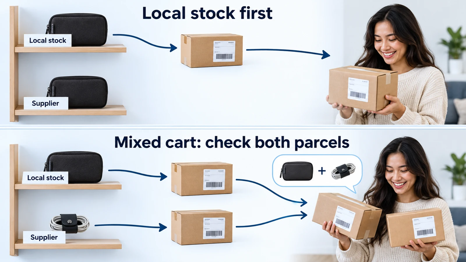 Illustrative local-first pouch routing and a mixed cart fulfilled as two parcels.