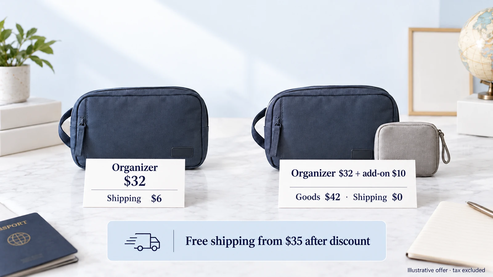 Illustrative $32 organizer with $6 shipping versus a $42 mixed basket qualifying for the proposed $35 threshold.