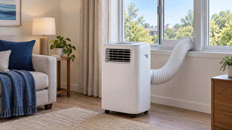 Portable air conditioner connected by an exhaust hose to a sliding-window adapter.