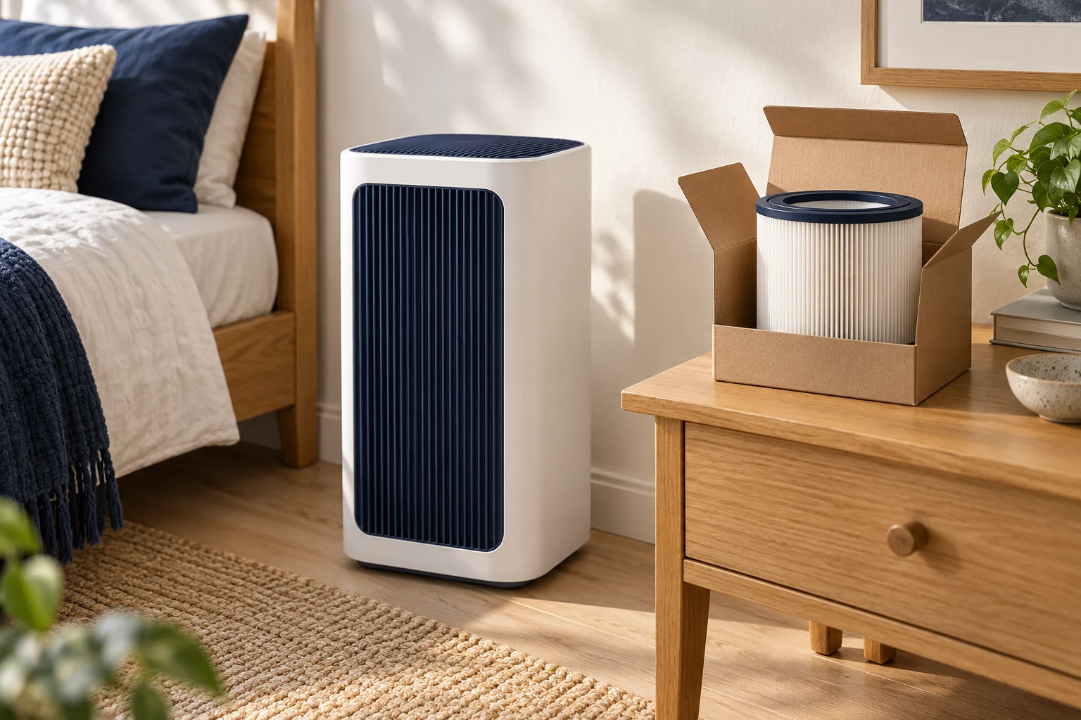 Illustrative home purifier beside a replacement filter in its carton