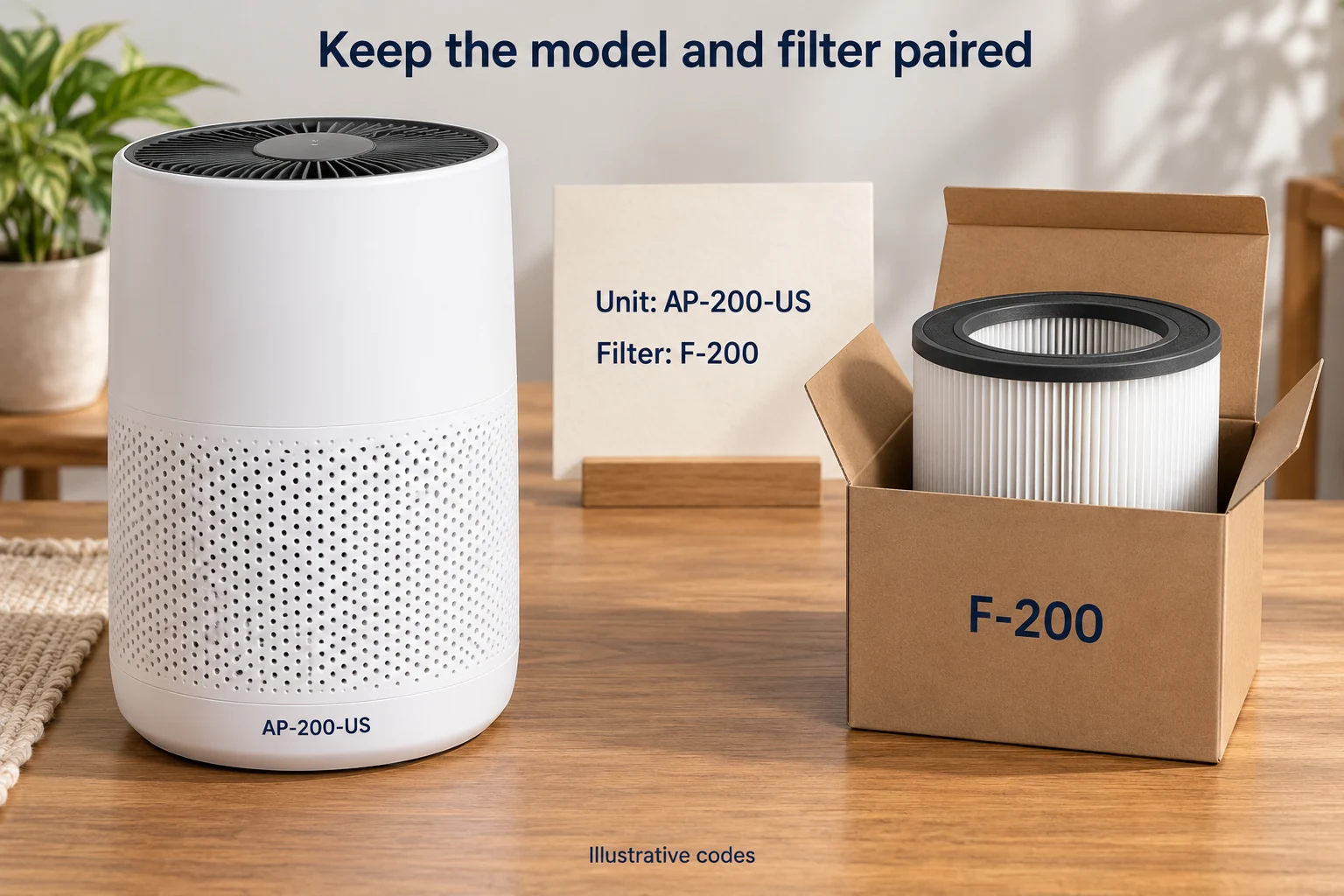 Invented model AP-200-US paired with replacement filter F-200 on a simple product record