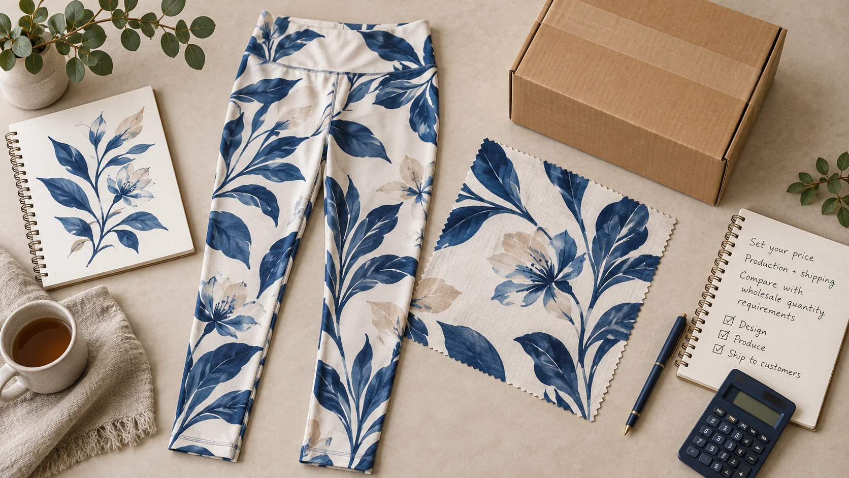 Original conceptual product still life: plain botanical-design leggings laid flat beside an unbranded printed fabric swatch and a small shipping carton. Illustrate artwork translated onto fabric