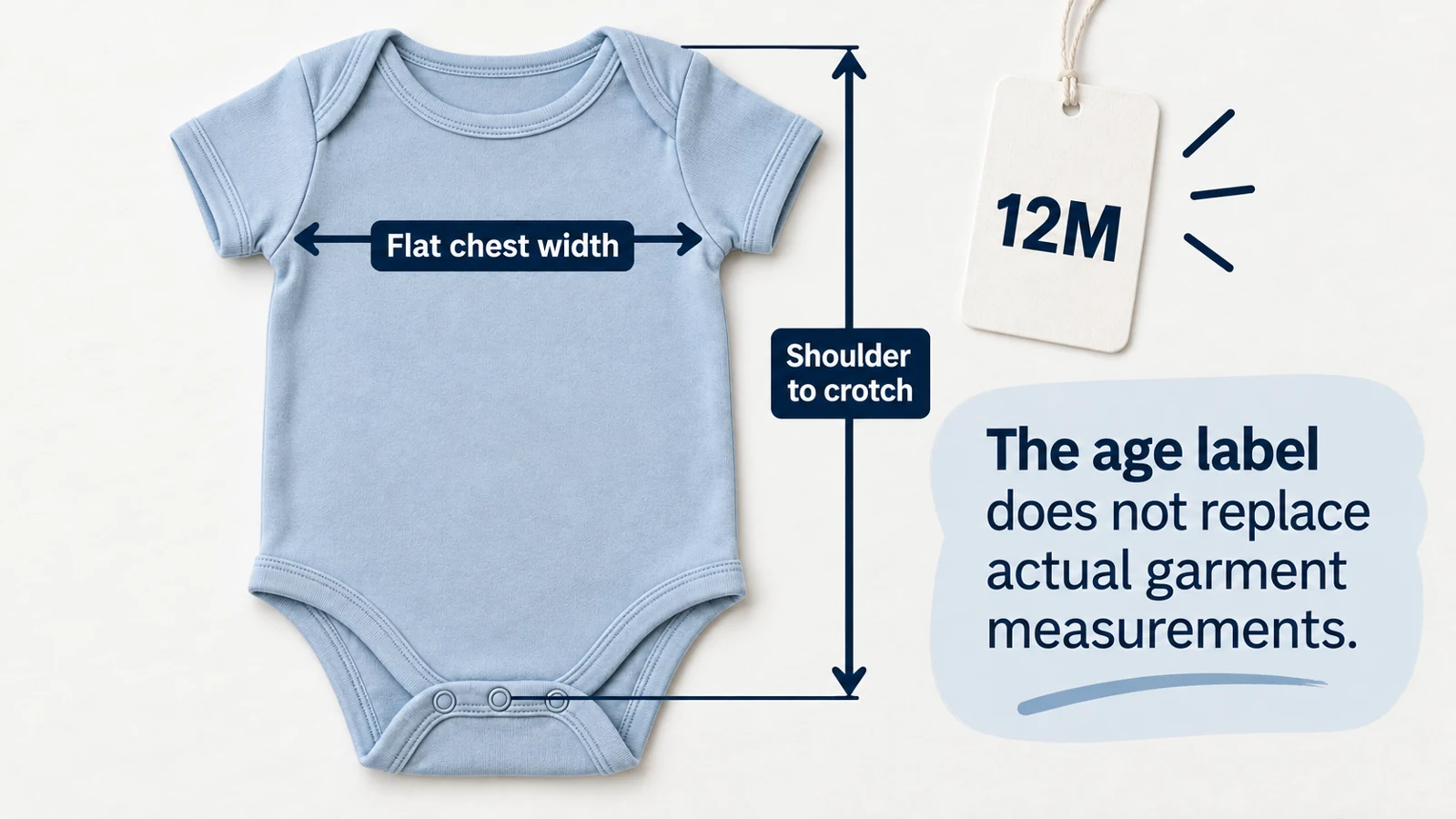 Illustrative measurement positions on a baby bodysuit, distinguishing flat chest width, shoulder-to-crotch length and the size label.