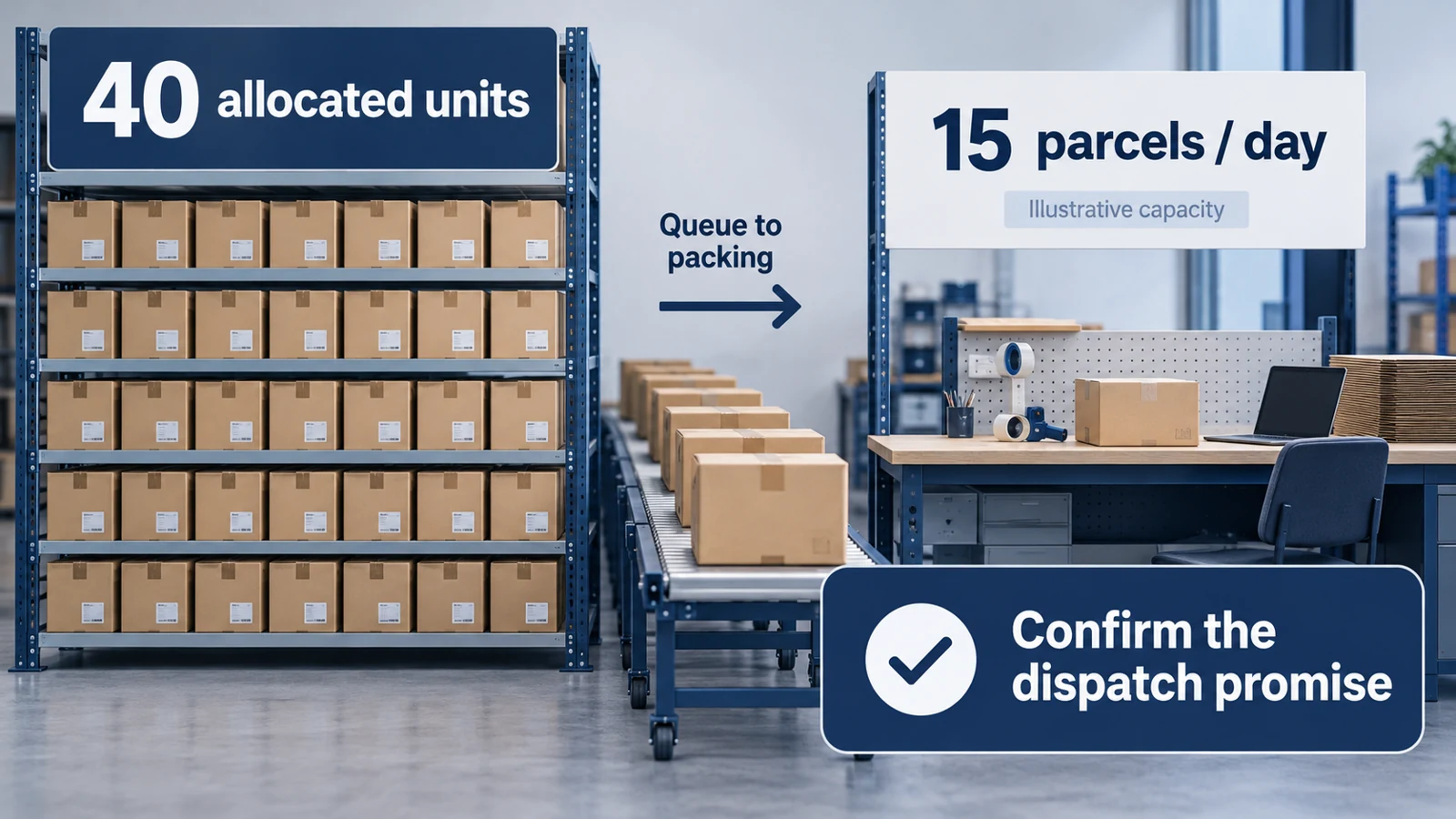 Illustrative promotion with 40 allocated units, a separate 15-parcel daily dispatch limit and a queue that must be reflected in the promise.