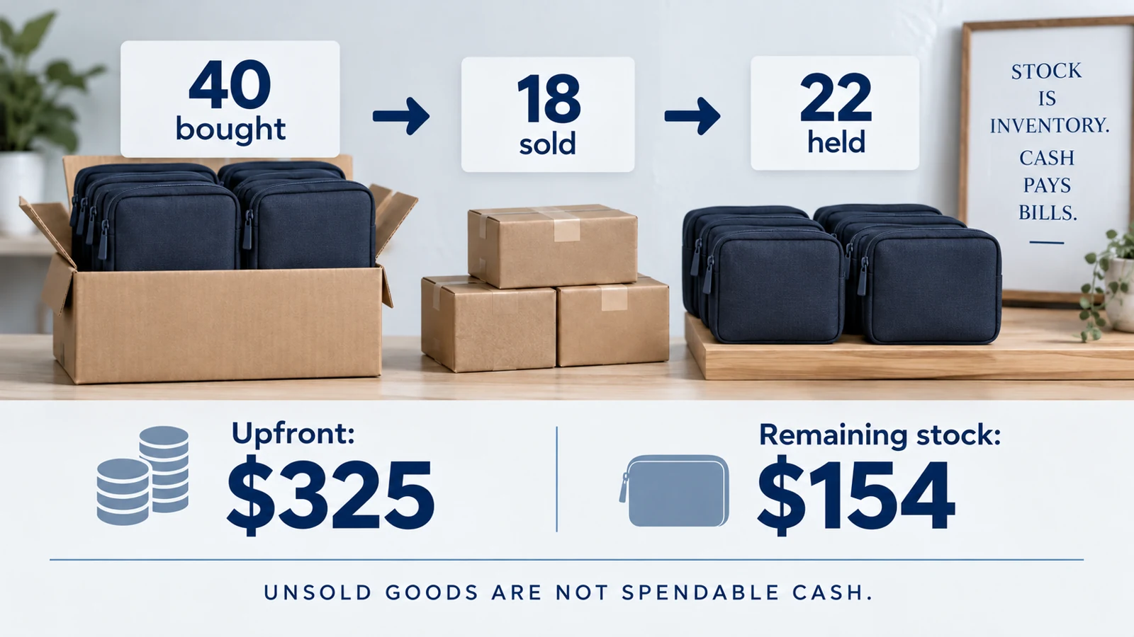 Illustrative stock purchase: 40 pouches bought, 18 sold and 22 still held, with $325 committed upfront.