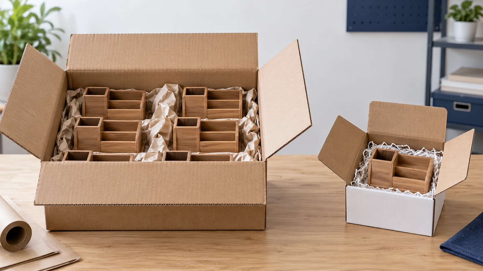 A large case contains multiple organizers; a separate small mailing carton holds one organizer.