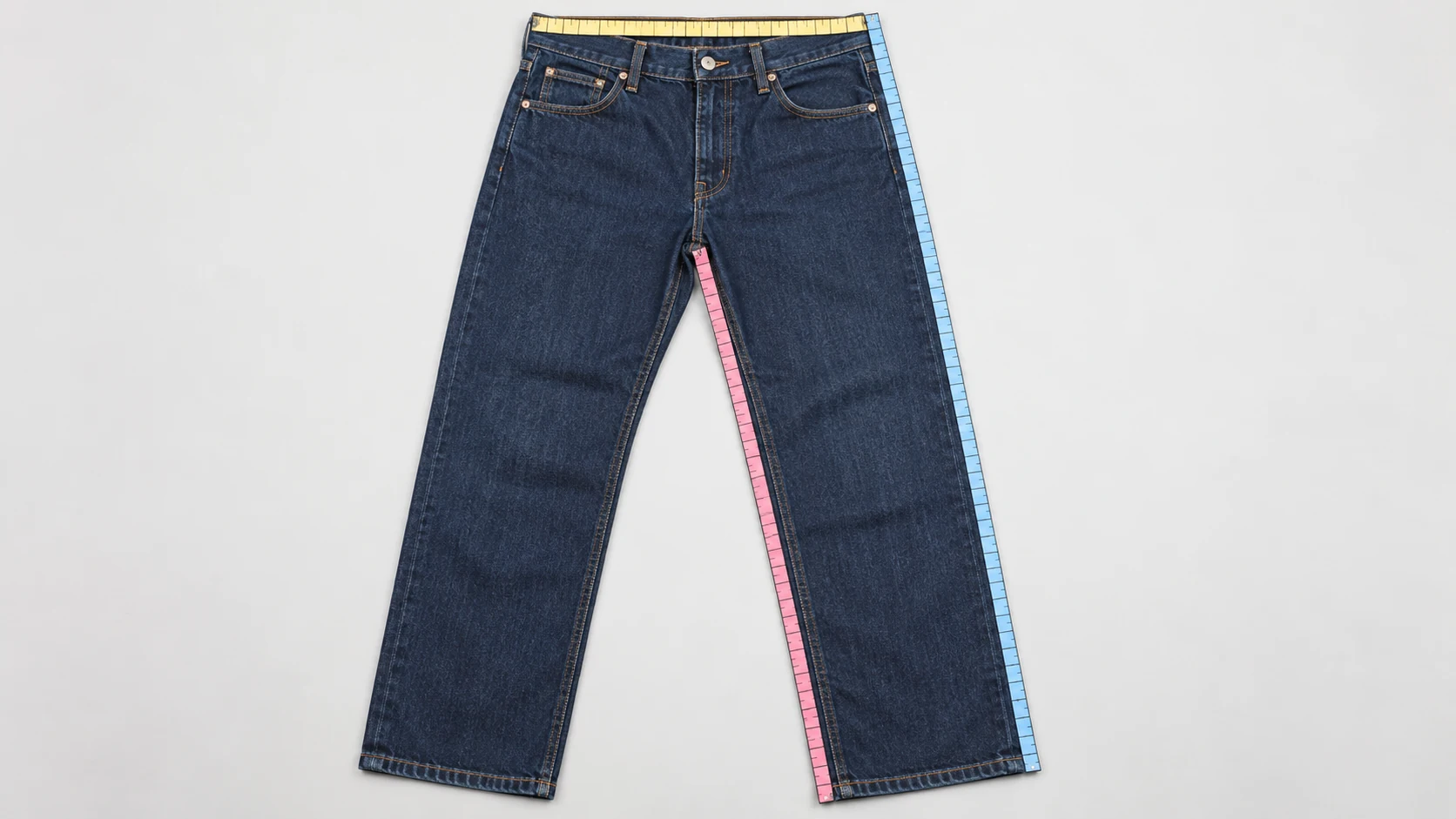 Flat jeans show separate waistband, inside-leg and outside-leg tape paths; no sample measurement is claimed.
