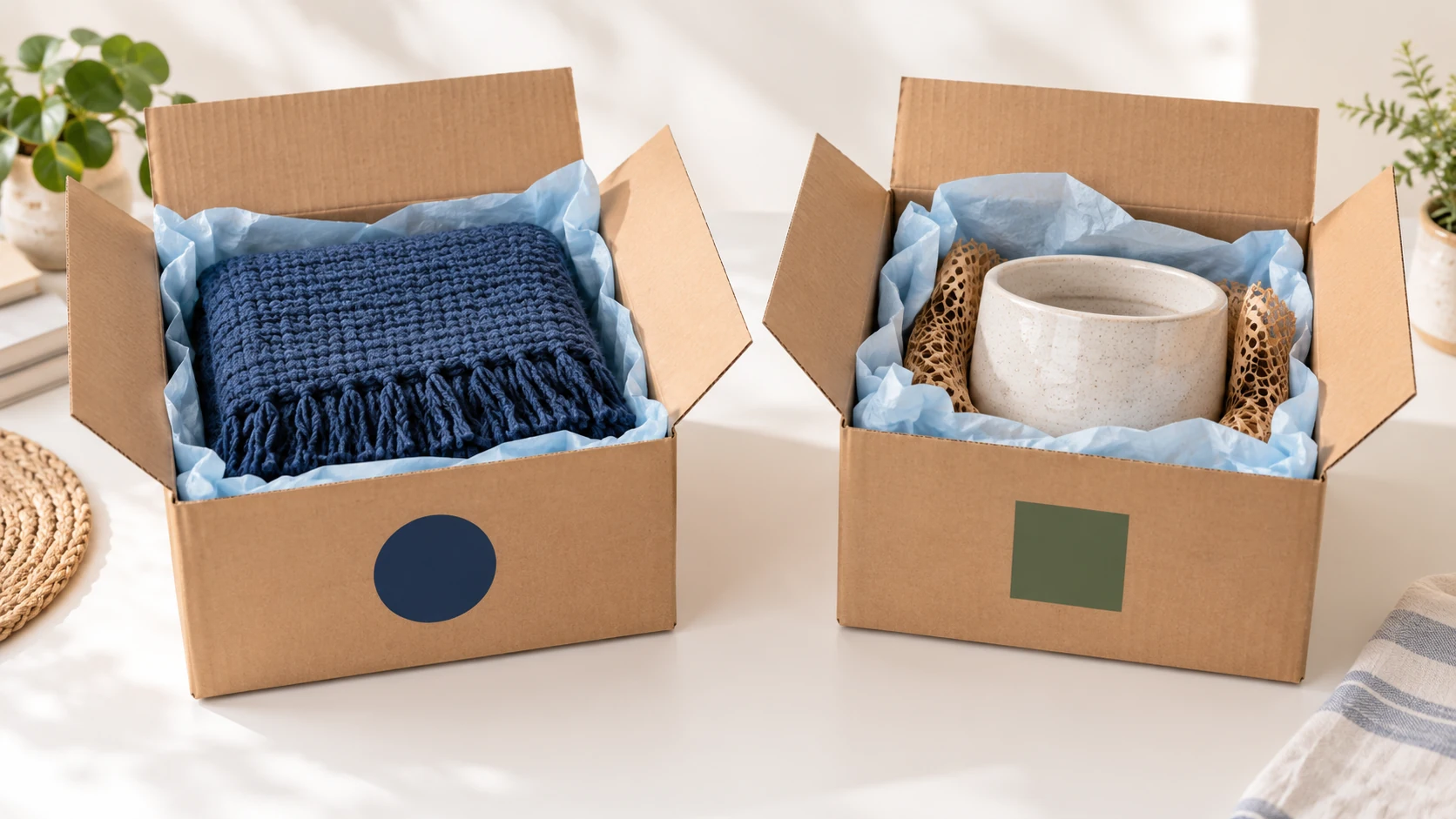 Two separate open parcels contain a folded throw and a ceramic pot; generic items illustrate separate shipments.