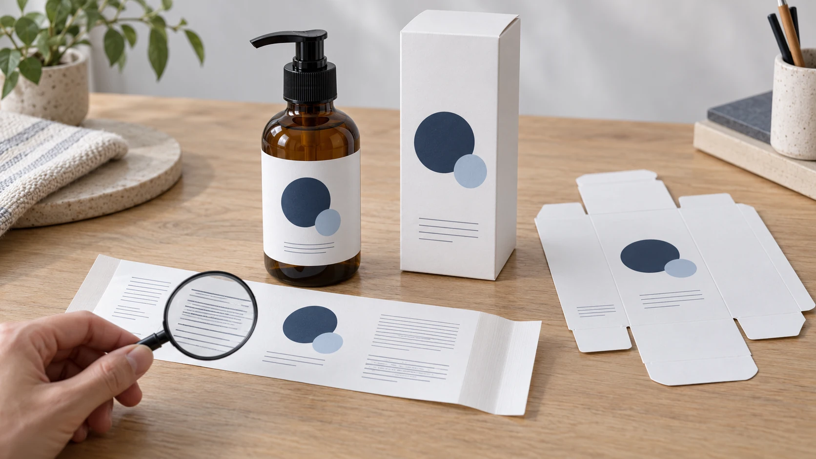 An unbranded bottle, matching carton and label/dieline sheets; label text is inspected through a magnifier.