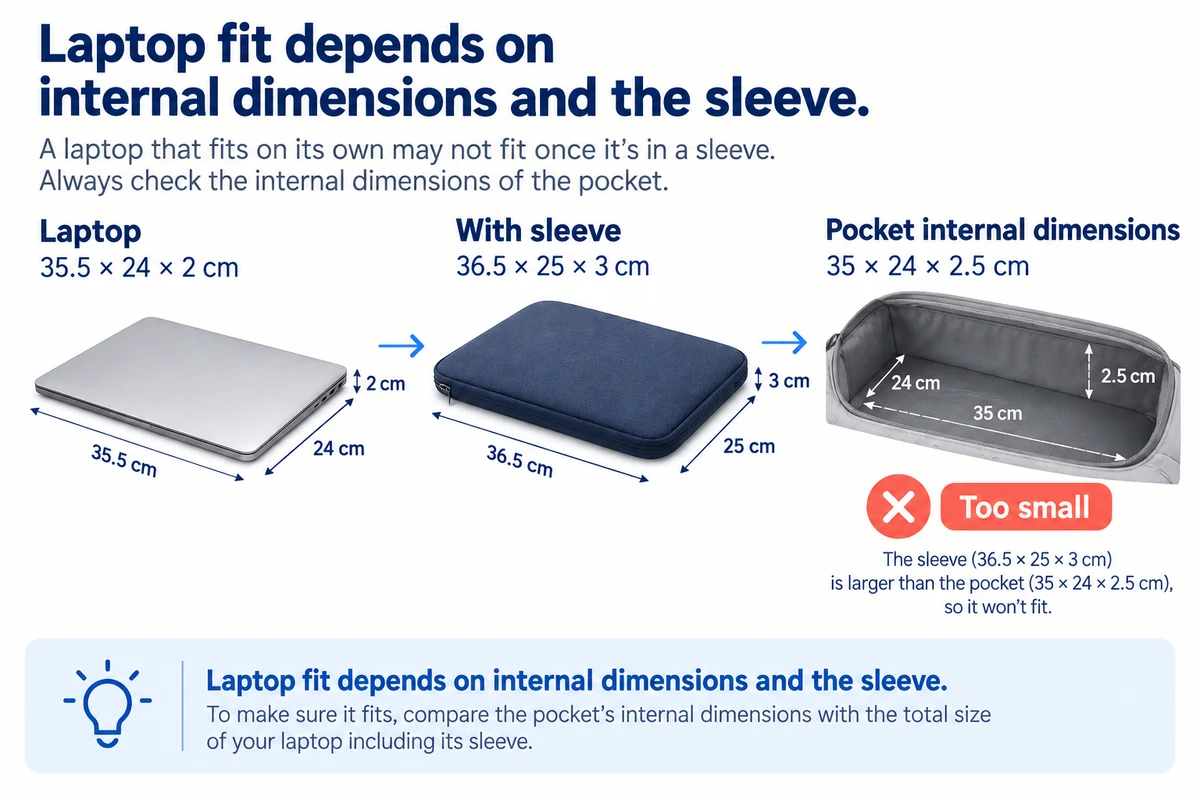 Laptop fit depends on internal dimensions and the sleeve