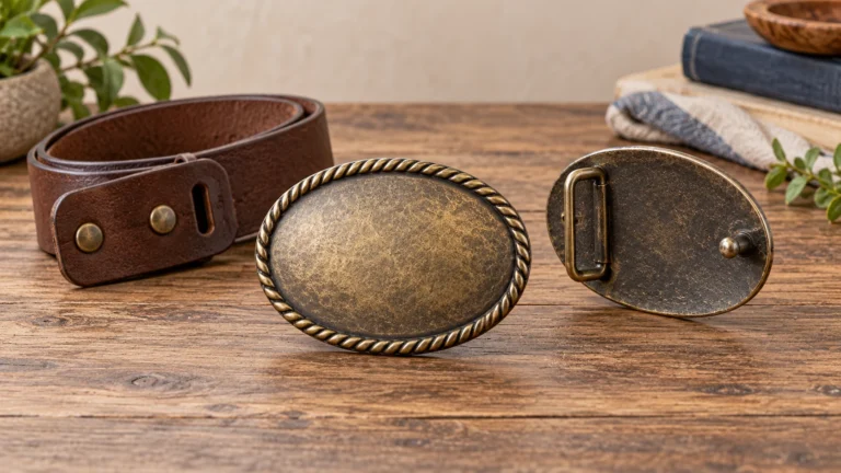 An unbranded oval antique-finish fashion belt buckle shown from the front and a separate compatible brown snap strap nearby
