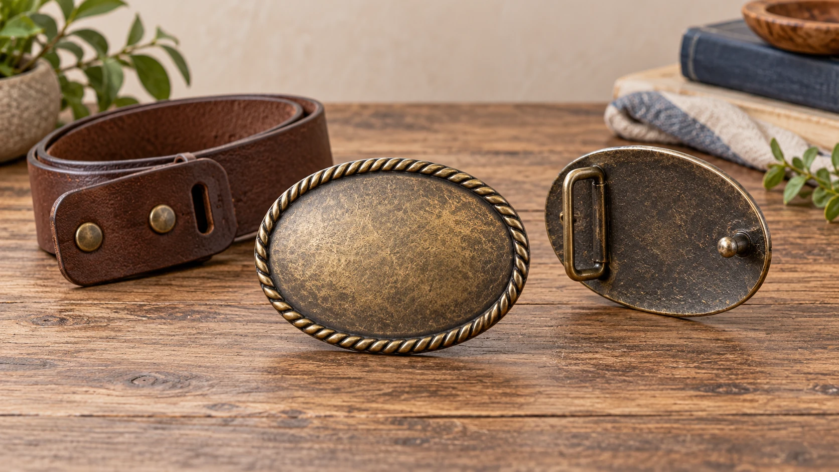 An unbranded oval antique-finish fashion belt buckle shown from the front and a separate compatible brown snap strap nearby