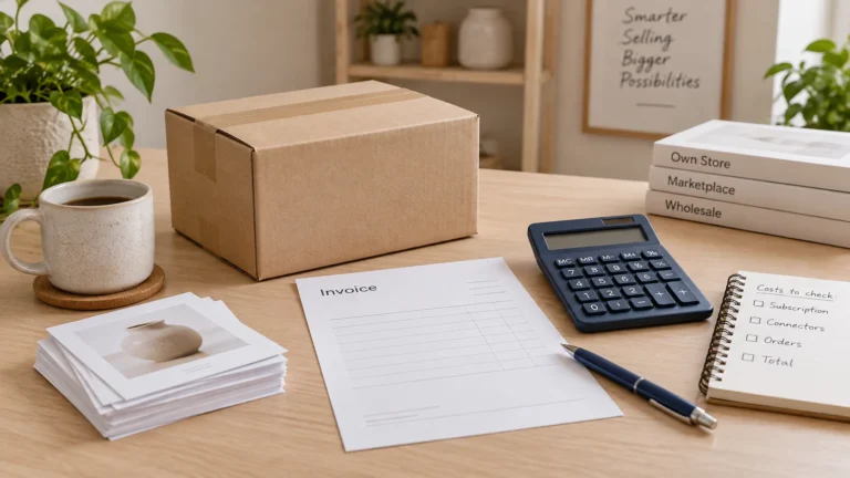 Original conceptual ecommerce still life: one modest unbranded home-accessory parcel, a blank invoice sheet and a simple calculator on a neutral desk. A separate small pile of blank catalog cards suggests a limited pilot