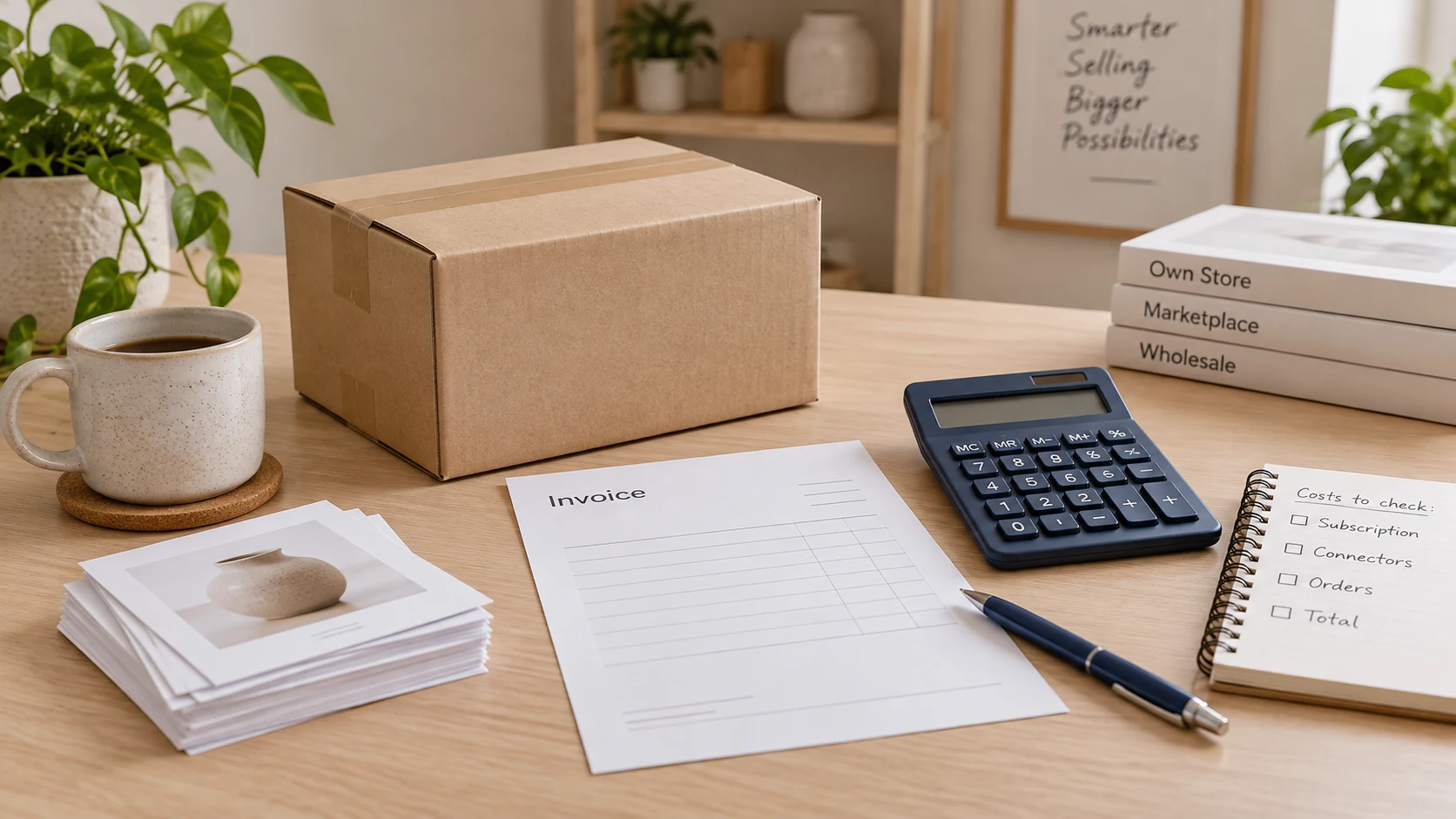 Original conceptual ecommerce still life: one modest unbranded home-accessory parcel, a blank invoice sheet and a simple calculator on a neutral desk. A separate small pile of blank catalog cards suggests a limited pilot