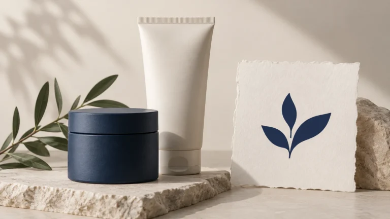 Generic skincare containers with plain labels and logo artwork