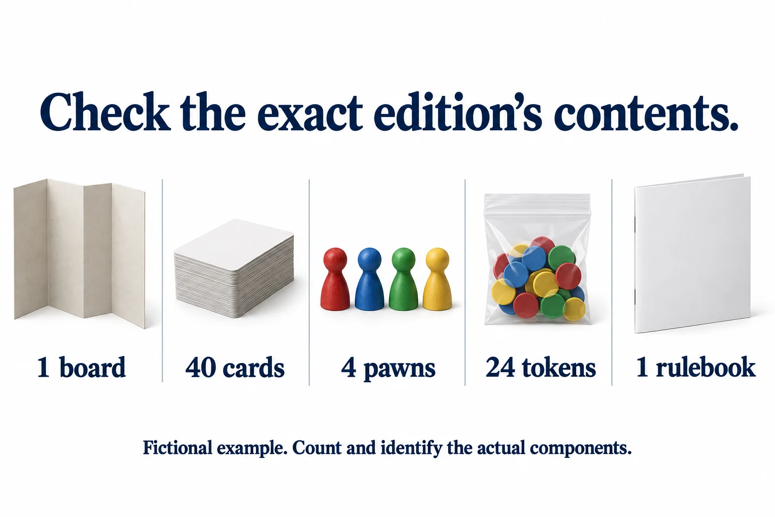 Fictional expected-contents guide labels one board, forty cards, four pawns, twenty-four tokens and one rulebook