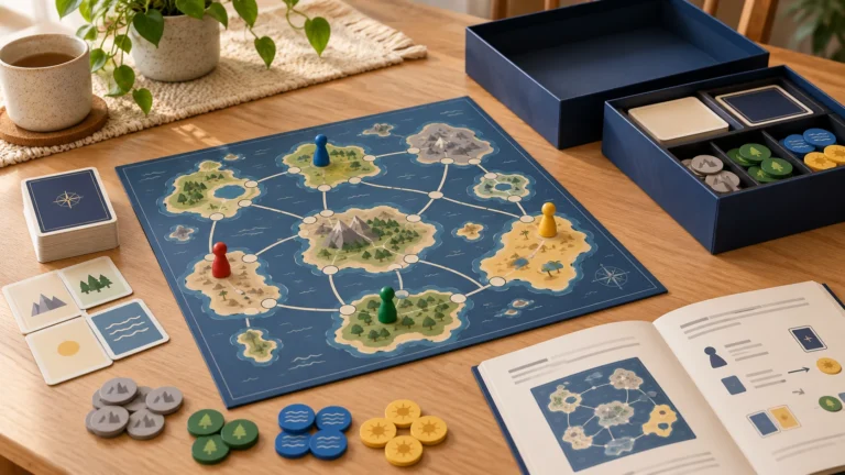 Conceptual unbranded route board game with four pawns, cards, box and rules