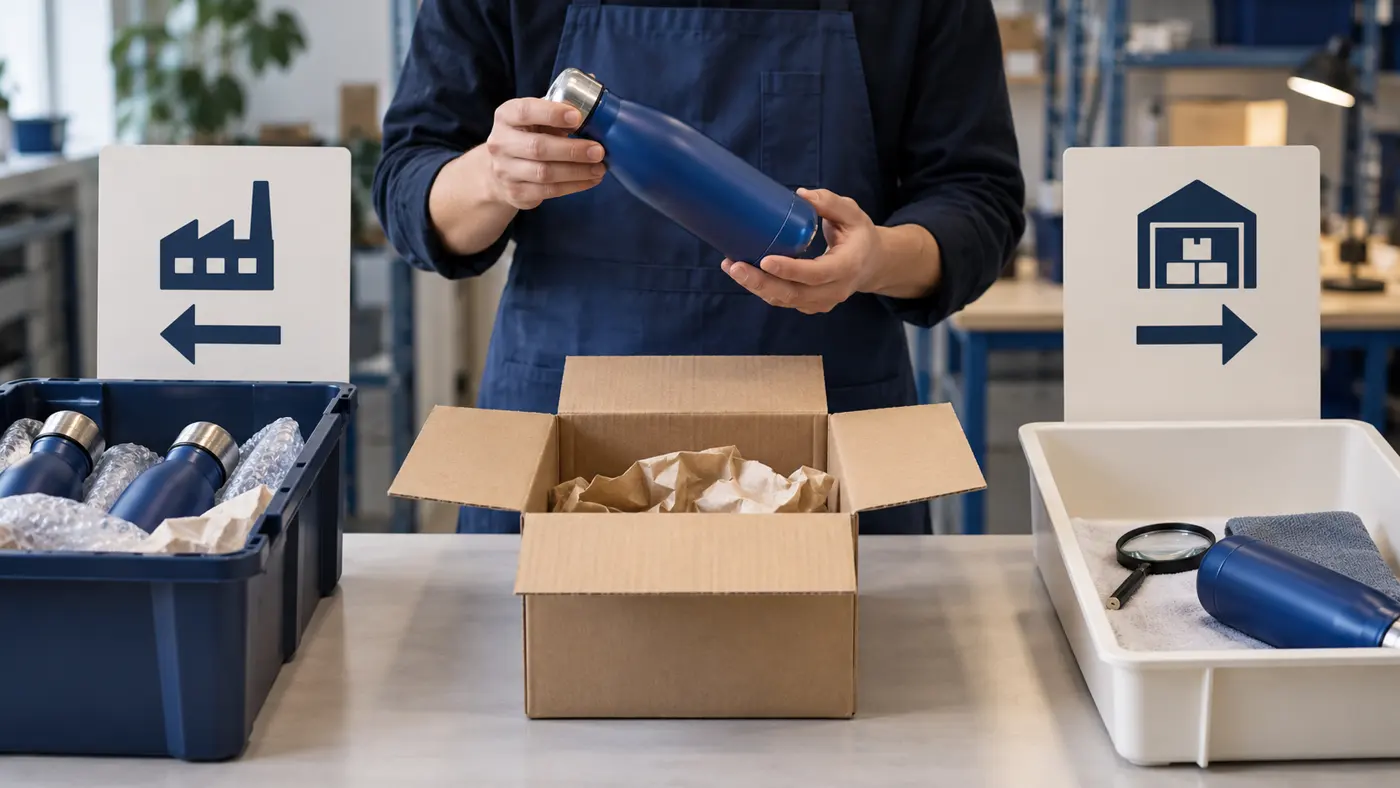 Returned insulated bottle inspected beside separate conceptual supplier and store return routes.