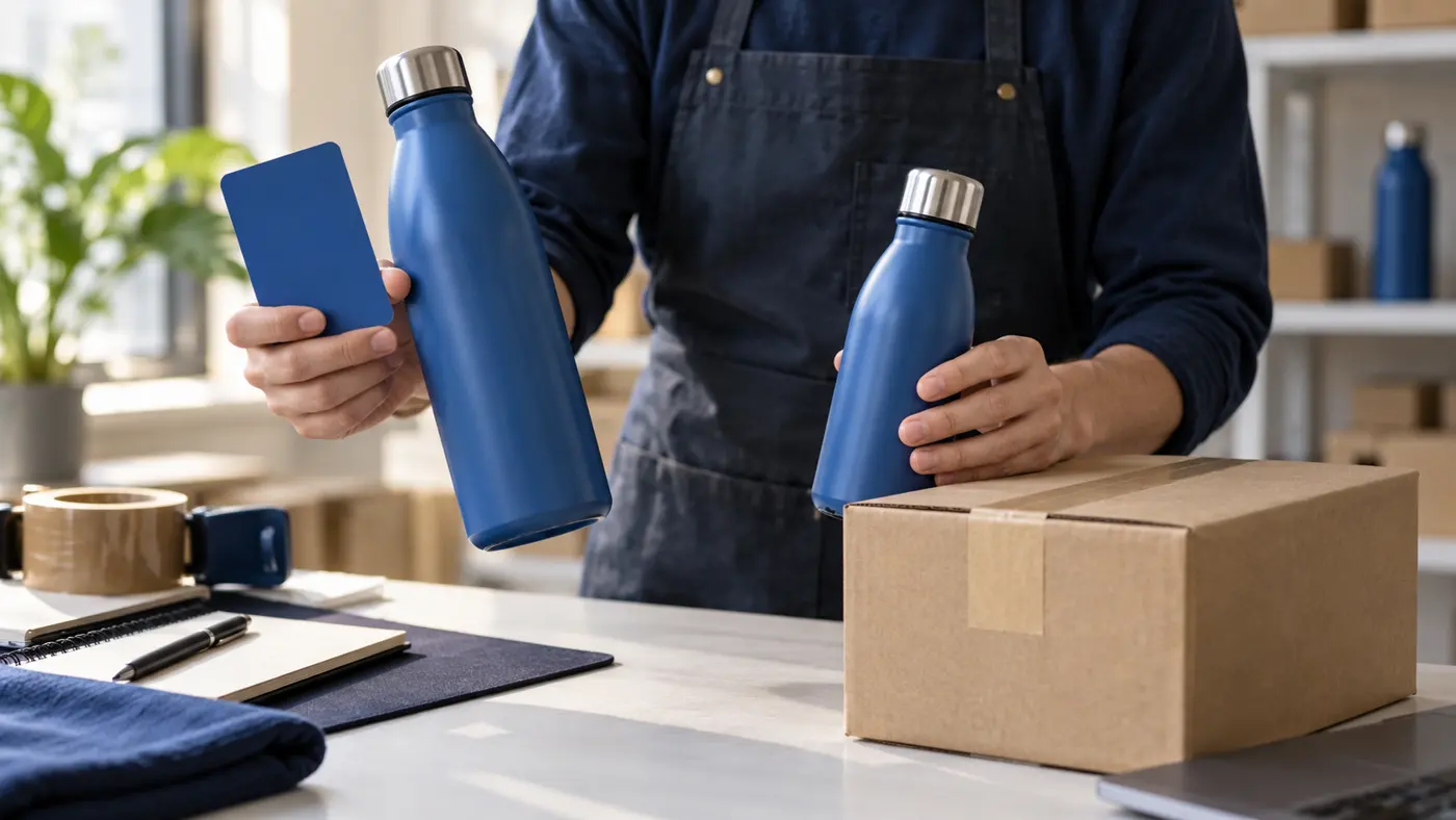 Worker compares two sizes of a blue insulated bottle before placing the ordered variant into a parcel.