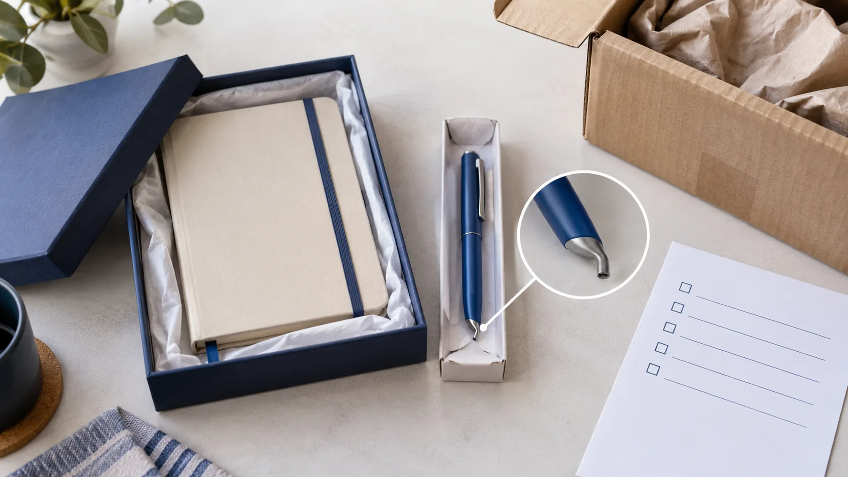 Illustrative gift bundle with notebook retained in its box and a faulty blue pen isolated beside a claim checklist.