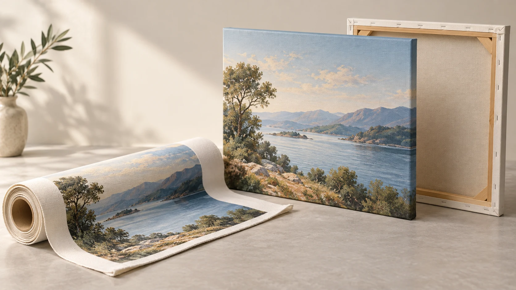 Stretched canvas, rolled print and wooden back construction