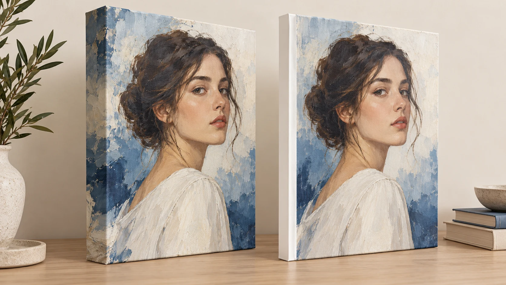 The canvas front and wrapped sides are different surfaces; important image details should remain in the intended front area.