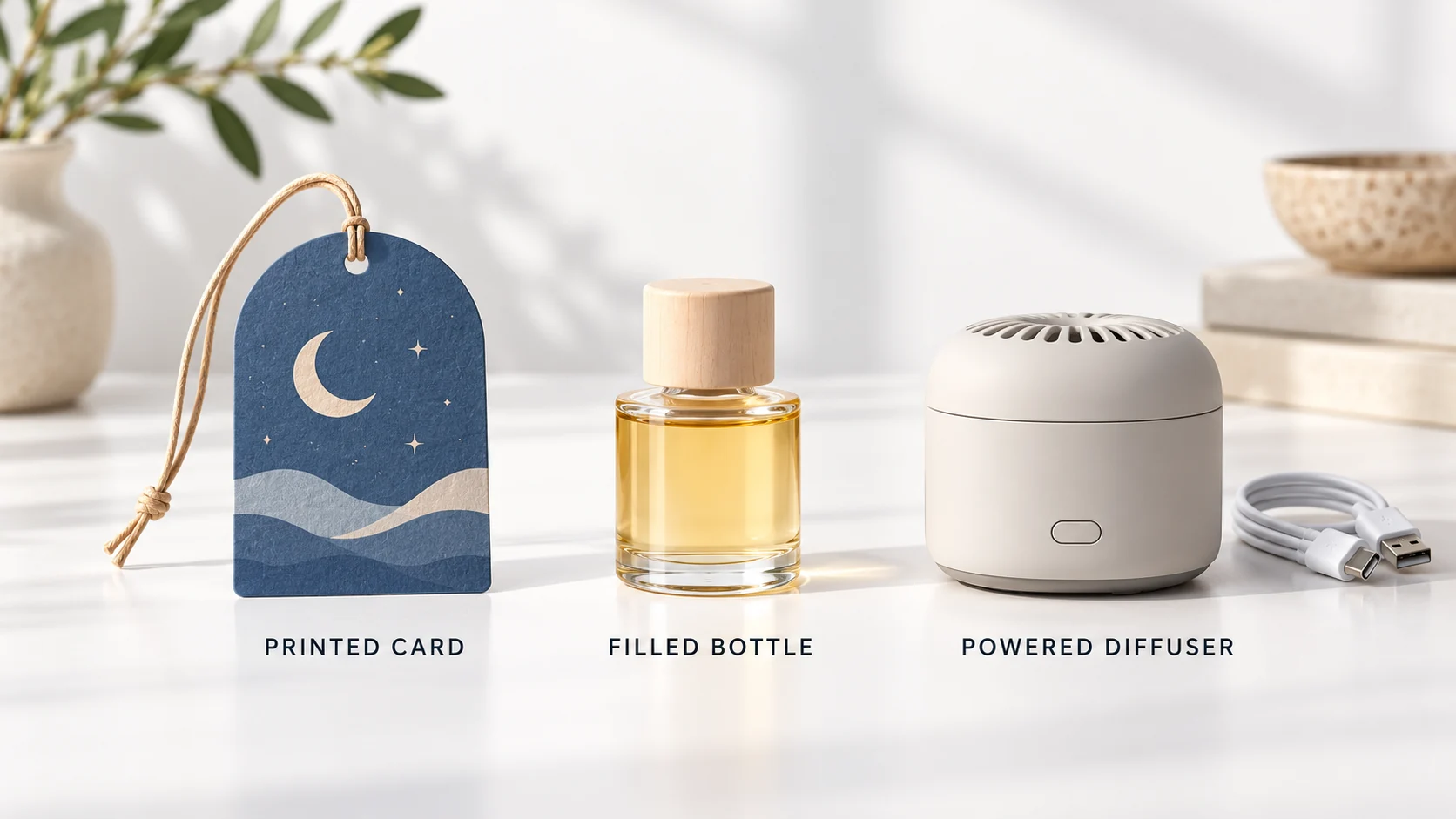 Illustrative printed paper card, filled fragrance bottle and powered diffuser are three different car-freshener product formats.