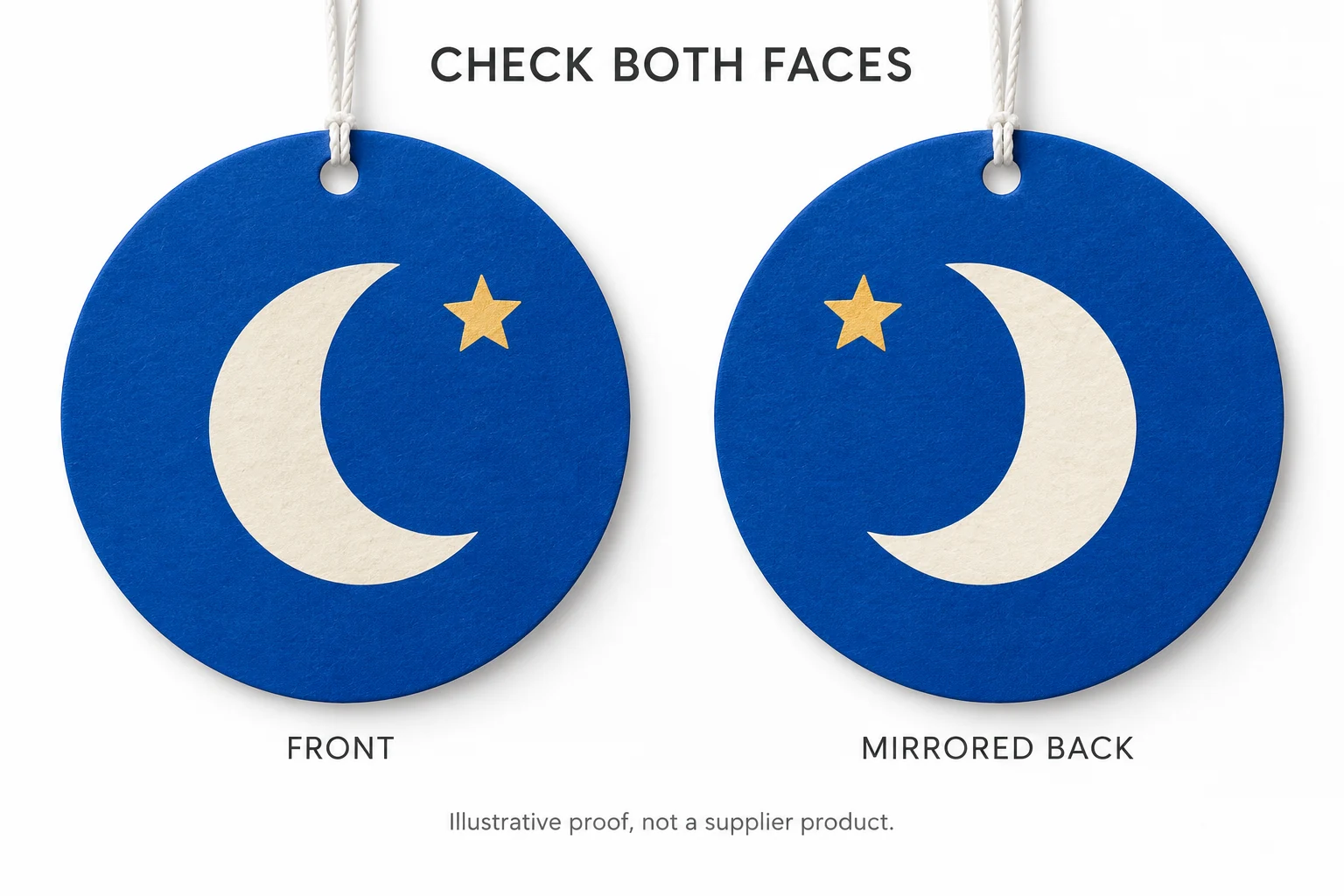 A crescent and star on a conceptual card are horizontally reflected on a second card labeled mirrored back.