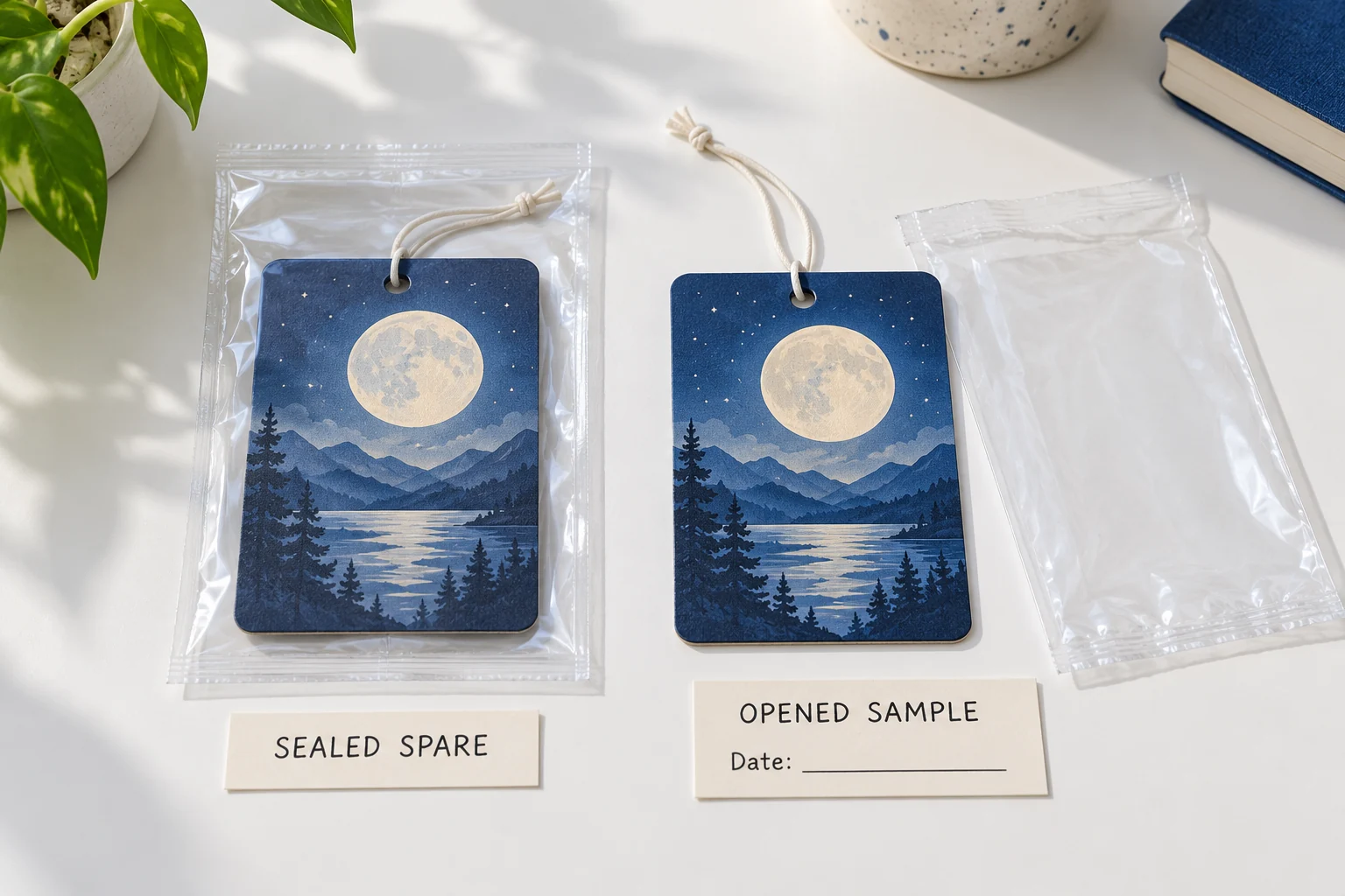 Matching conceptual moon-art cards: one in a sealed sleeve and one opened beside its empty sleeve and blank opening-date note.