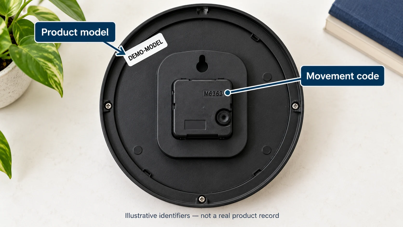 Generic clock back has a fictional DEMO-MODEL product sticker separate from the mechanism's M6363 movement mark.
