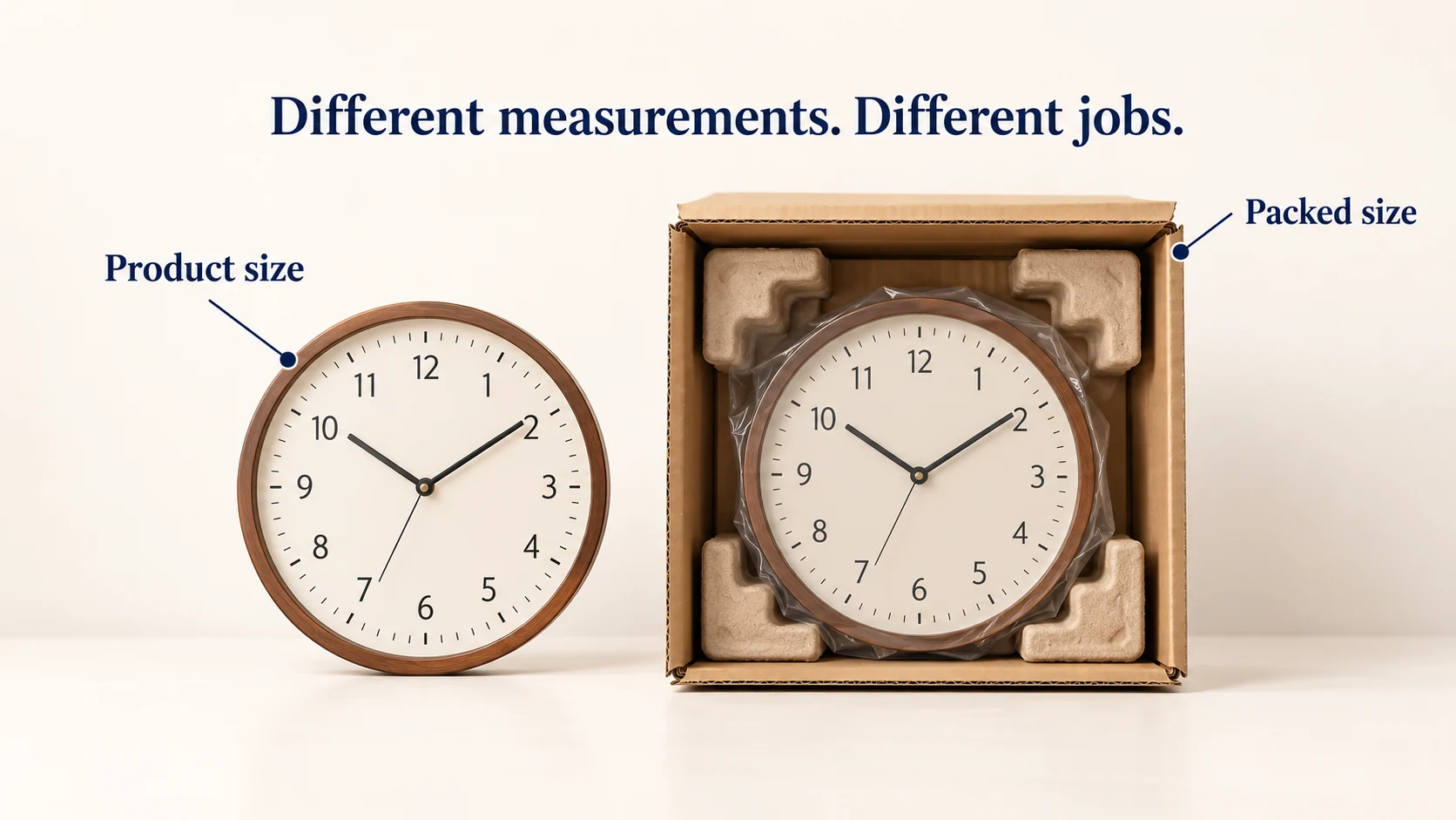 Generic clock shown beside a larger protective carton, distinguishing product size from packed size.