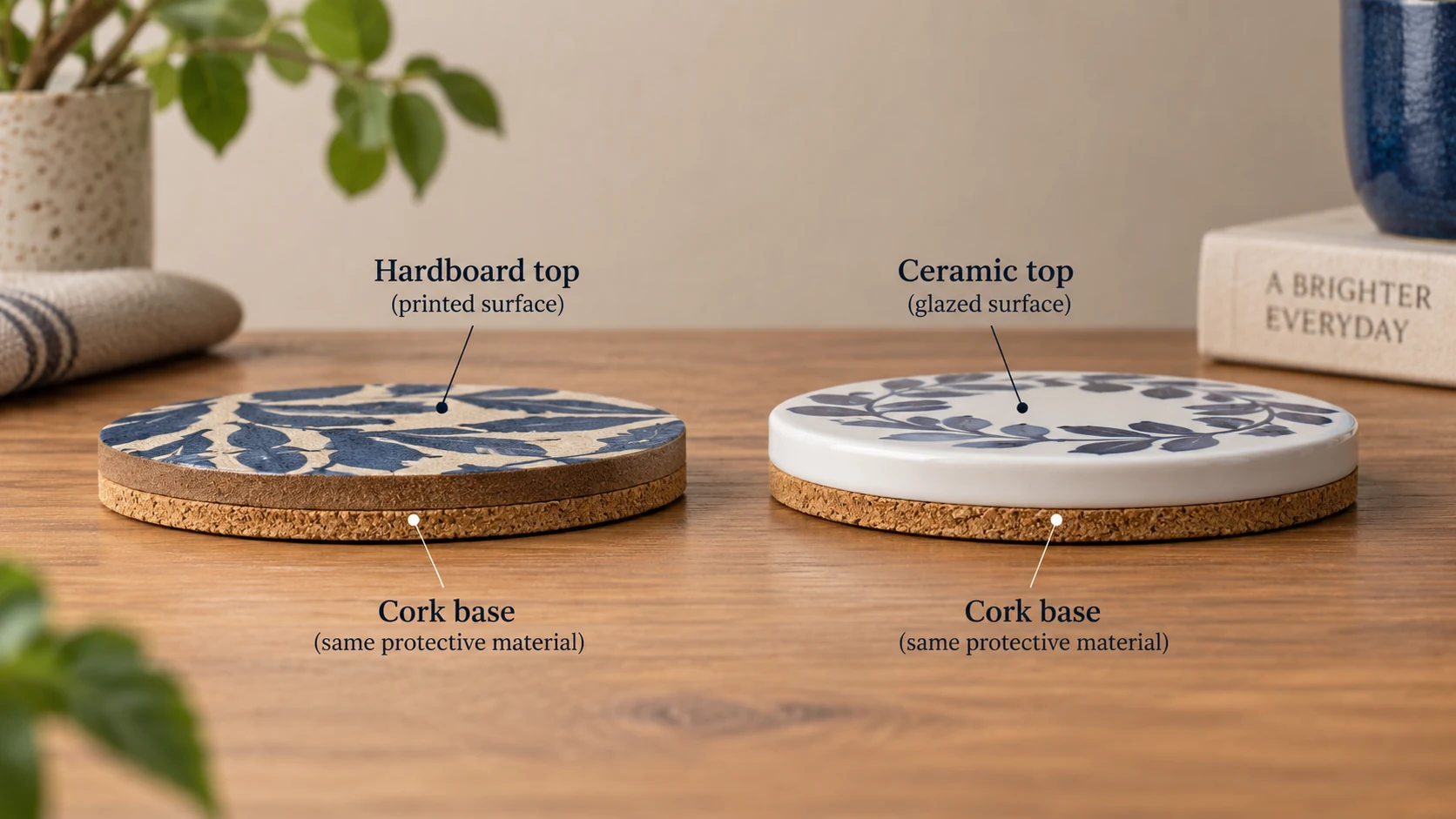 A printed hardboard top and its cork base are separate materials.
