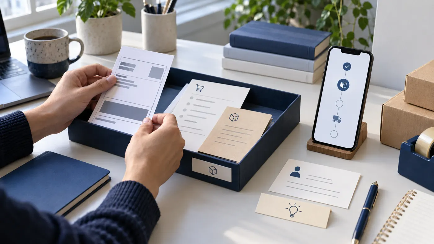 Conceptual assistant order desk with a shipment evidence card and a separate store-owner decision card.