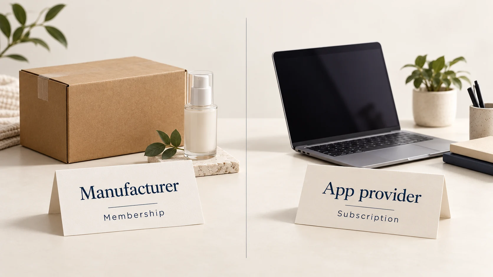 Separate illustrative Manufacturer Membership and App provider Subscription cards beside product and laptop