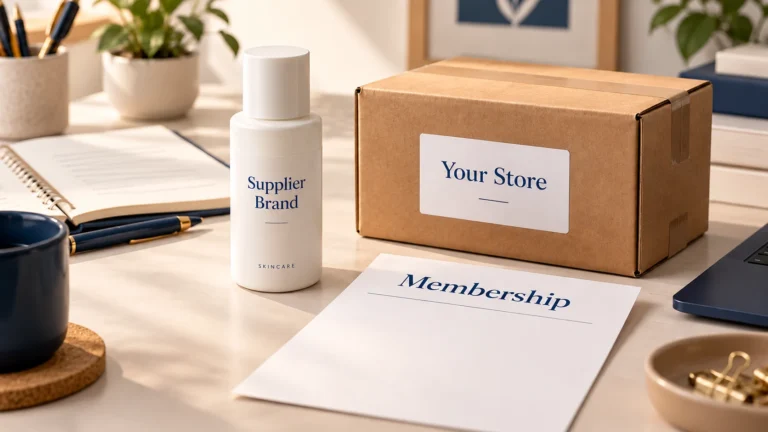 Illustrative supplier-branded bottle, Your Store parcel and a plain Membership card