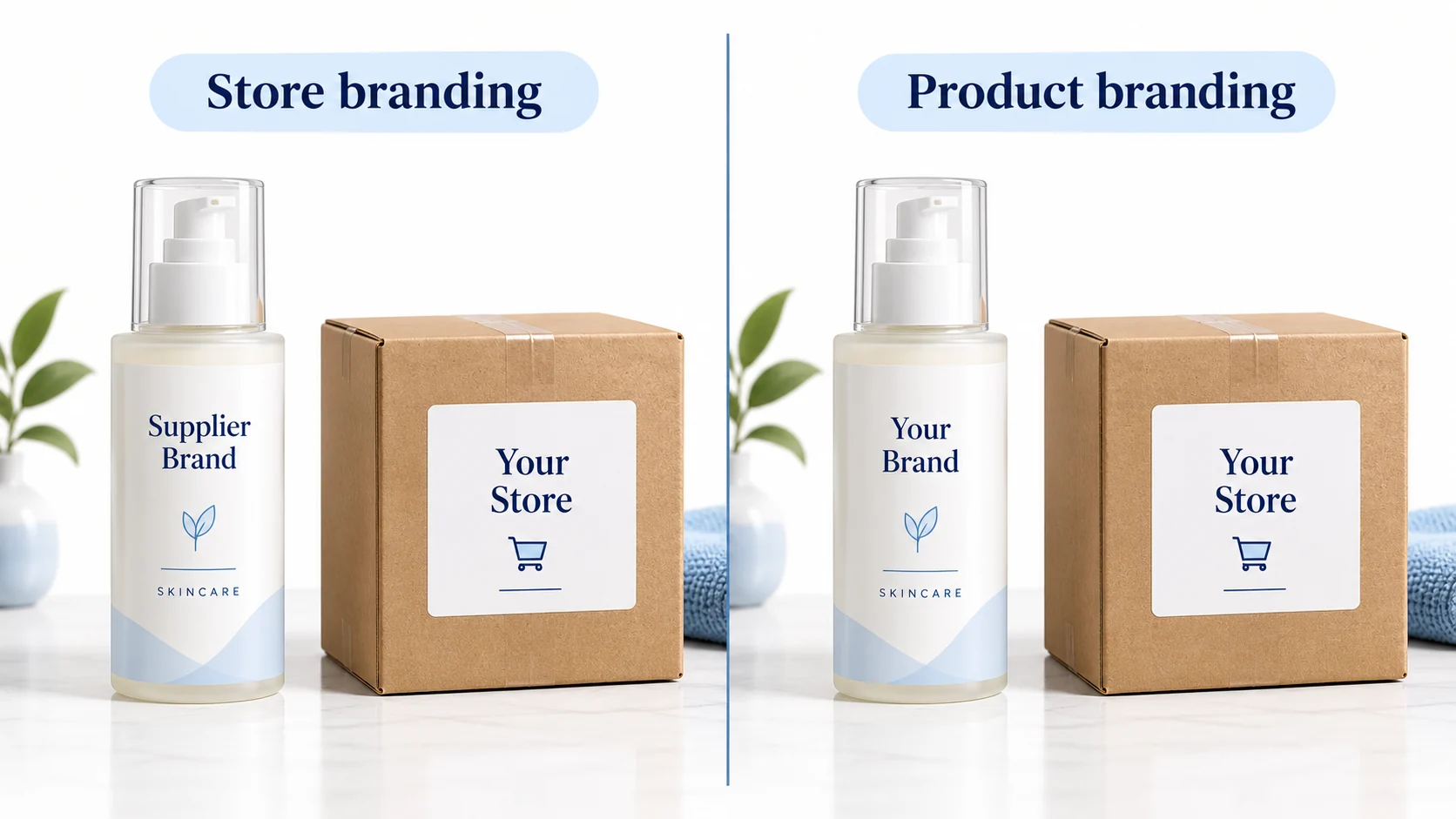 Store branding keeps Supplier Brand on a bottle; product branding puts Your Brand on the bottle