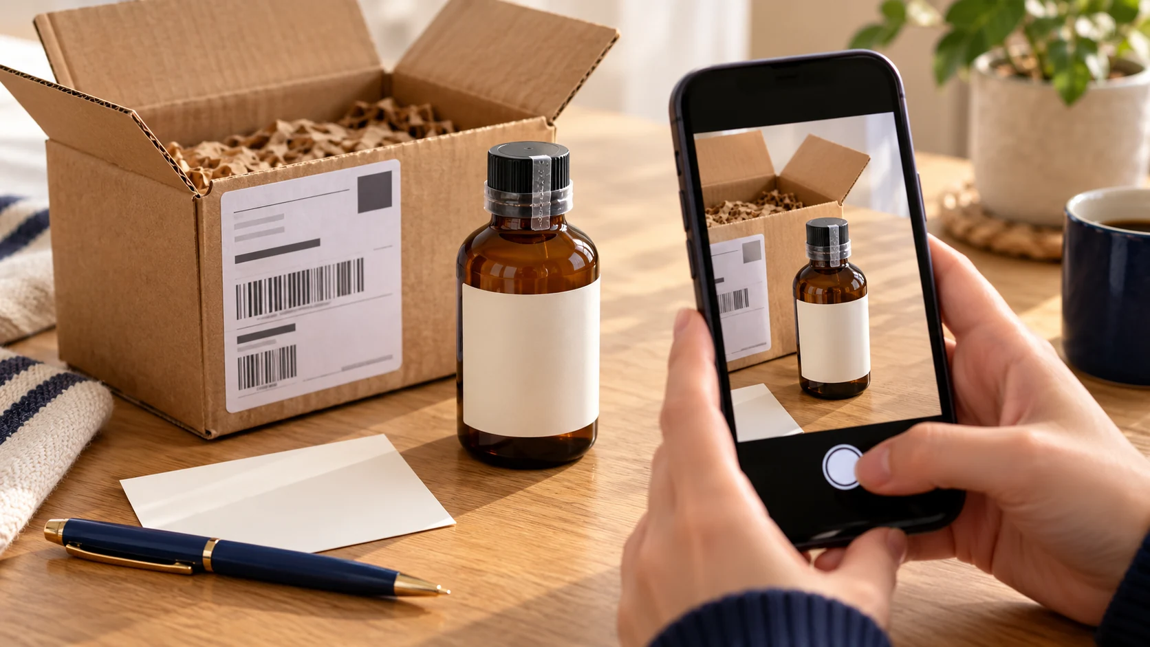 Illustrative sealed amber bottle and shipping carton being photographed before the bottle is opened