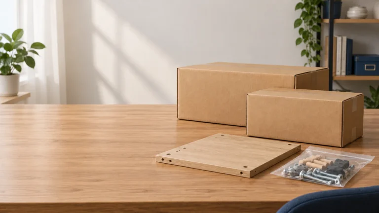 Two furniture cartons, a flat panel and packaged assembly hardware.