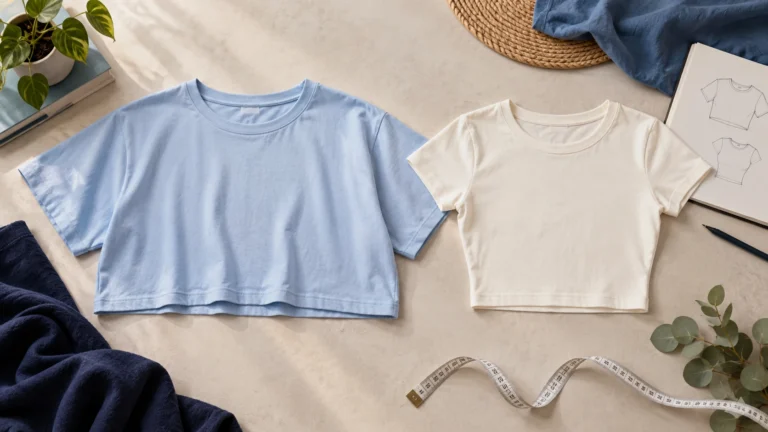 Two cropped T-shirts with different cuts, laid out beside a parcel.