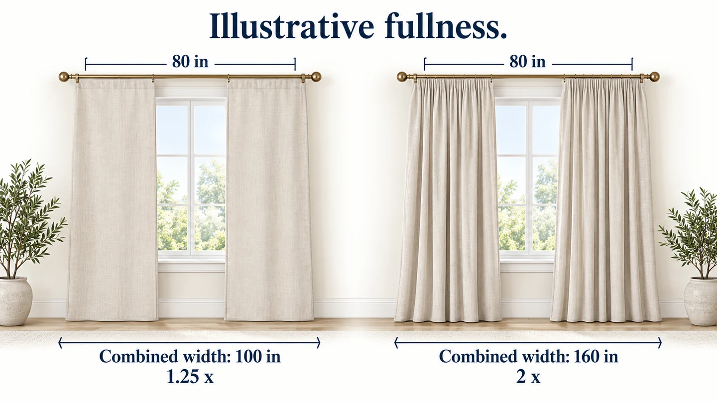 More flat fabric creates more fullness across the same rod width