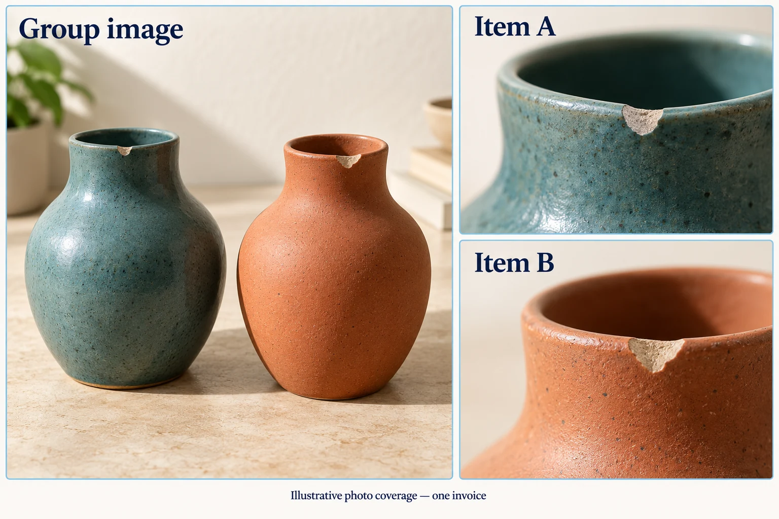 Fictional chipped blue-green and terracotta vases shown together and in matching individual rim close-ups.