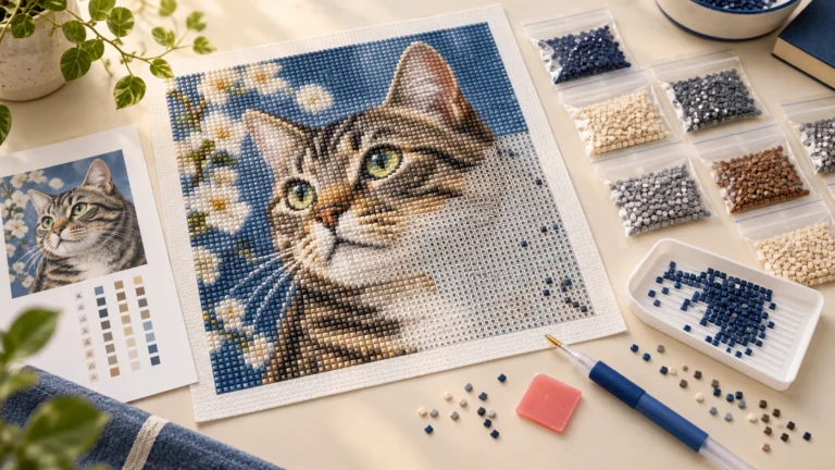 Unassembled diamond painting kit with canvas, drill bags, tray and pen