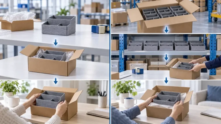 Conceptual comparison of a supplier sending one organizer directly and a store receiving a small batch of the same organizer.