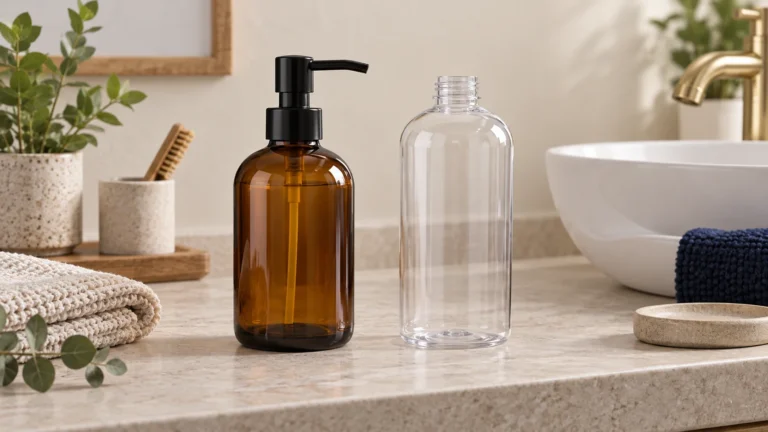 An unbranded amber glass manual liquid-soap dispenser with a black pump beside an empty plain refill container, neutral bathroom counter. Empty-product conceptual arrangement, no foam output, no logos, no powered electro