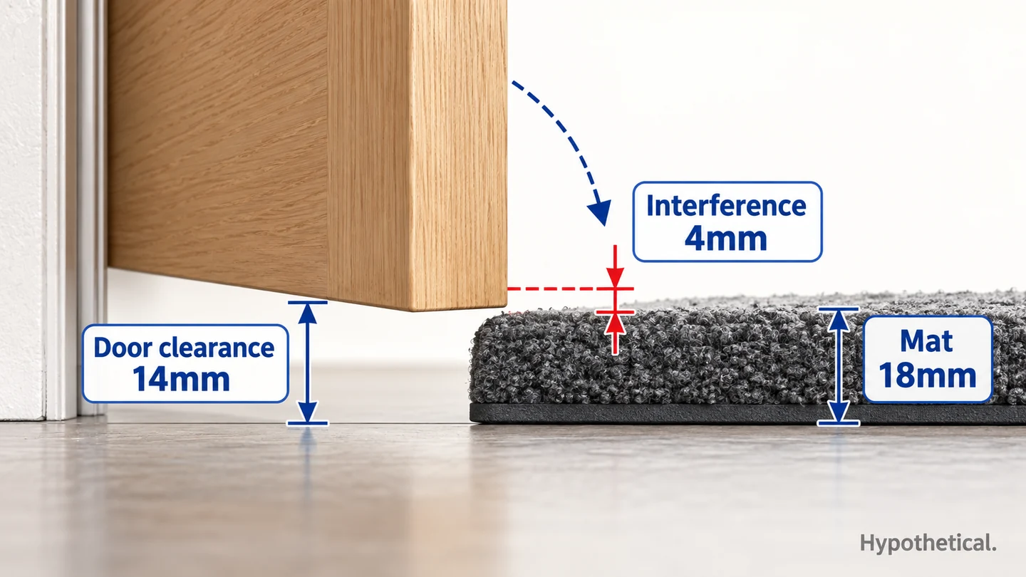 A mat can fit the floor area but block the door